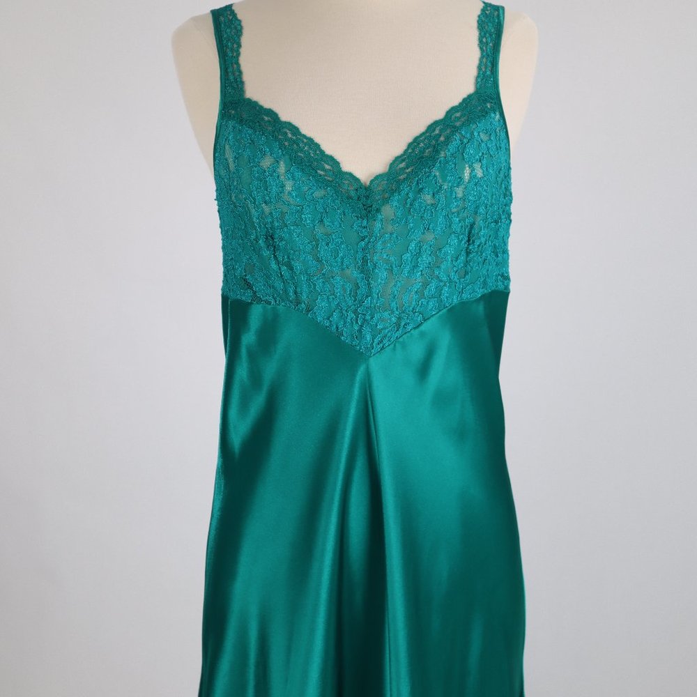 ❄️ Vtg Morgan Taylor Emerald Green Long Lace Nightgown Negligee Dress Holiday M
